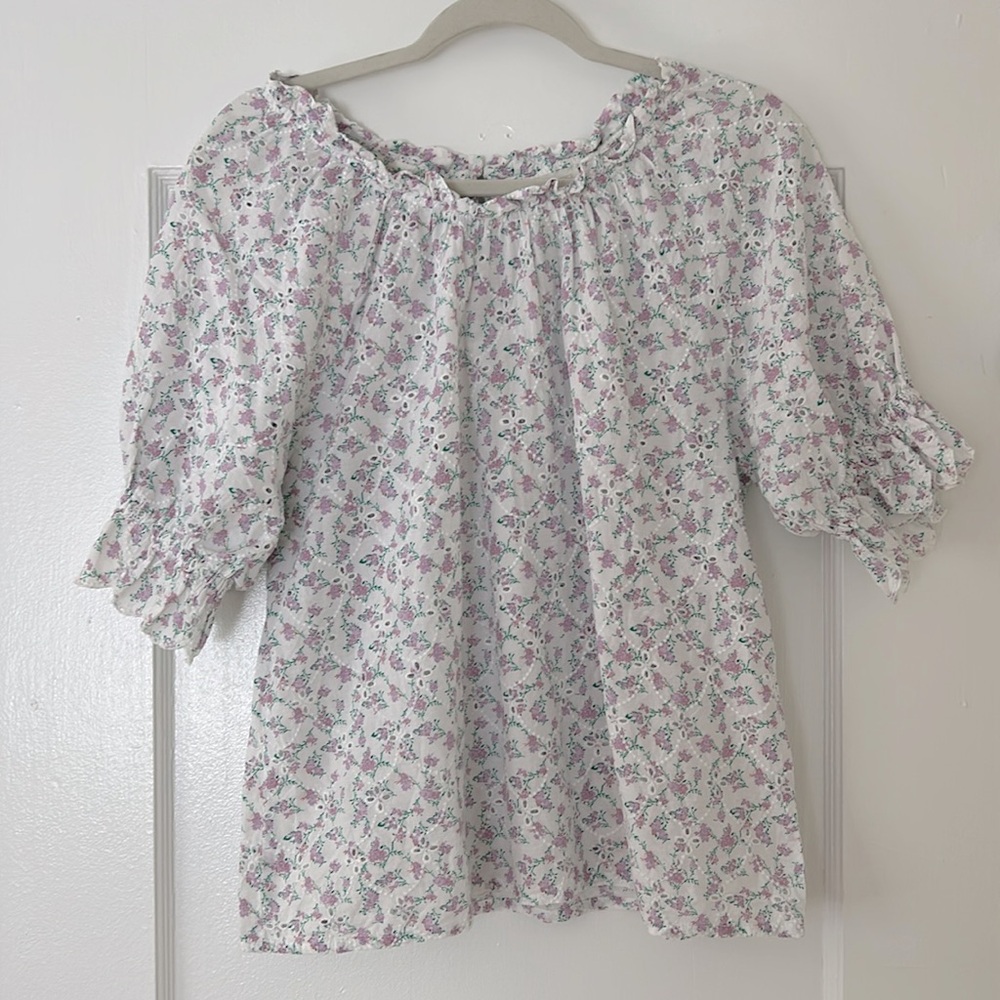 Jennifer and Grace Scalloped Floral Eyelet Cotton Blouse Size Large
